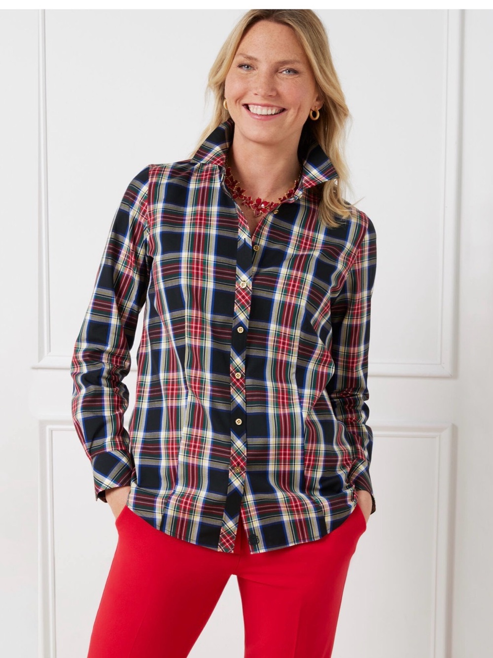 Talbots Non-Iron Perfect Shirt Womens 14 Holiday Tartan Plaid Metallic Button Up